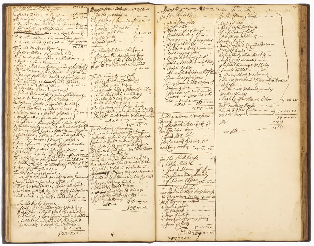 An open book with four columns, filled with accounting notes.