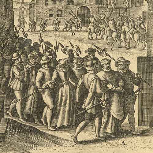 Evening raid, search, and arrest of an Elizabethan Catholic household by Protestant authorities, from Richard Verstegan, Theatrum crudelitum haereticorum nostri temporis (Antwerp, 1587), Sheridan Libraries, Johns Hopkins University.