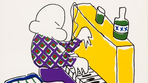 Drawing of man playing piano by Bukowski 