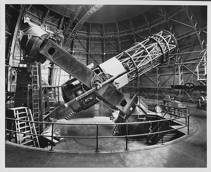 The Hooker 100-inch reflecting telescope, ca. 1940, side view with tube 40 degrees from horizontal.