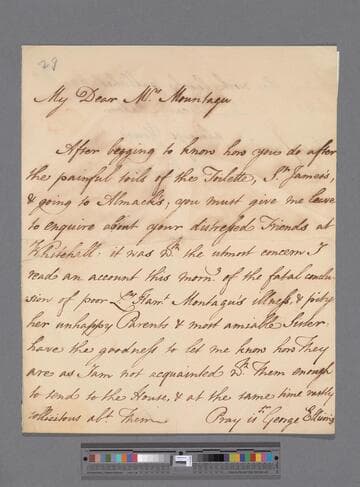 Somerset, Elizabeth (Berkeley), Duchess of Beaufort and suo jure Baroness Botetourt. Letter to Elizabeth (Robinson) Montagu