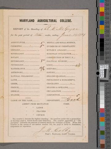 Maryland Agricultural College report of the standing of R.M. McGregor, 1861