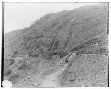 A distant view of the spillway on the flume of Mill Creek #3 Hydro Plant