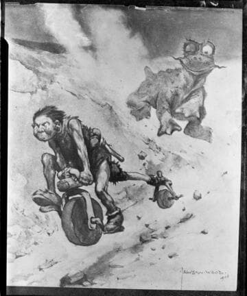 Cartoon drawing of caveman on stone wheel bicycle riding away from dinosaur