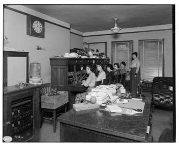 Telephone Booth and Girls Phone supervisor and 5 women operators at switchboards