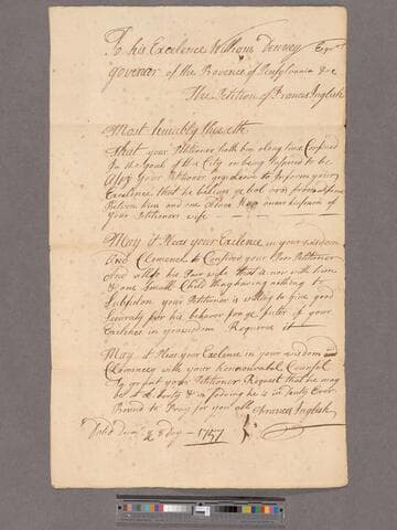 Francis Inglish letter to Governor William Denny