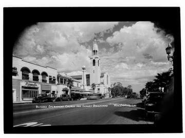 Blessed Sacrament Church and Sunset Boulevard, Hollywood, Cal