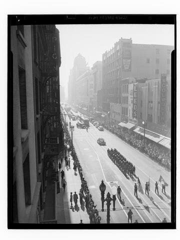 Military parade on Broadway in Los Angeles, California