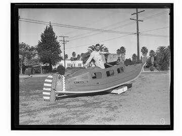 Sergeant William Burgess with Miss Iona boat, Santa Monica