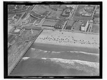 Aerial detail of Santa Monica Pier and beach south of pier