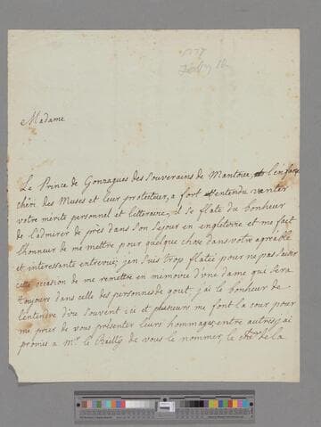 Du Boccage, Marie Anne (Le Page) Fiquet. Letter to Elizabeth (Robinson) Montagu