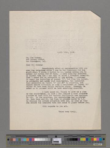 Letter to Joe Shoong