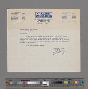 Letter from Joe Shoong to Peter SooHoo and George Fong