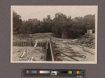 Huntington Library Construction: view showing forms for the 30" wall of the Center Wing, looking north