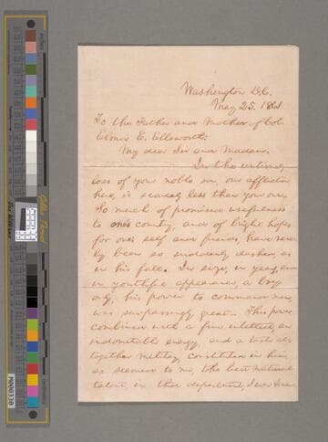 Abraham Lincoln, Washington, D.C., letter to Ephraim and Phoebe Ellsworth