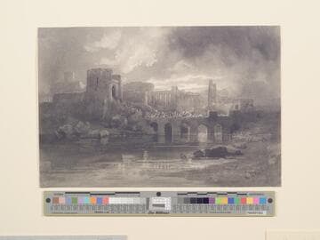 An Ancient City with an Army Crossing a Bridge