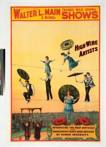 Walter L. Main 3 Ring Trained Wild Animal Shows : high wire artists : introducing the most difficult and dangerous feats ever devised by human ingenuity