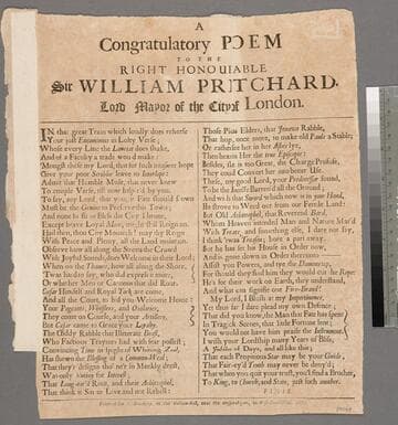A congratulatory poem to the Right Honourable Sir William Pritchard, Lord Mayor of the City of London