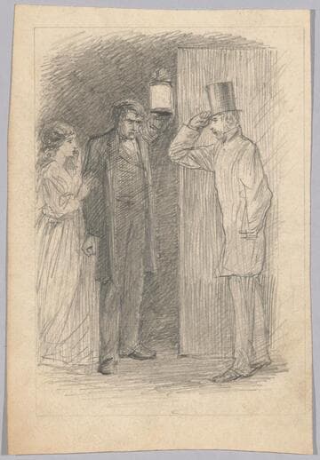 Woman and Two Men, One With a Lantern