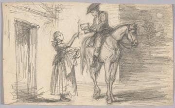 Woman with Candle Standing Beside Man on Horseback
