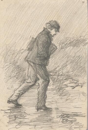 Schoolboy Walking in Rain