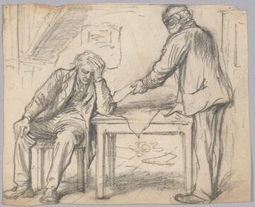 Two Men at a Table, One Seated One Standing