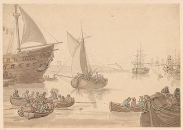 Harbor Scene with Many Figures in Boats; Man O' War to Left