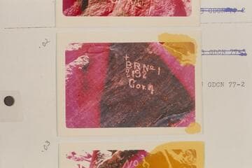 Inscriptions at right bank below Hance Rapid; Mile 77.1-77.5.  Probably location markers for the Hance Mine