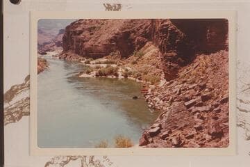 Upriver view.  Cave, ruins, and trail at Mile 137 1/2 left bank