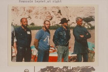The Powell crew after arrival at foot of Split Mountain.  Francois Leydet at right