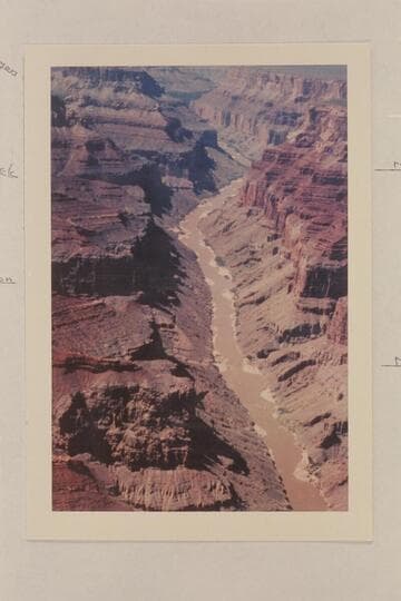 Up Marble Canyon from the mouth of the Little Colorado [ink notations around edge of photo of specific creeks and canyons]