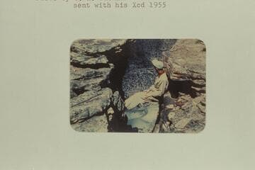 In Red Canyon.  "Red Canyon was blue this day!"  Photo sent by Buchan with his Xcd [Christmas card] 1955