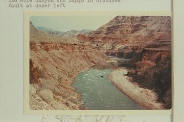 Up to Granite Springs Canyon from foot of Granite Springs Rapid.  220 Mile Canyon and Rapid in distance.  Fault at upper left