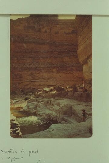 Swimming in the pool at Slickhorn Gulch; San Juan River.  Norm Nevills in pool; J. Rigg, upper;  Sandra Nevills in foreground