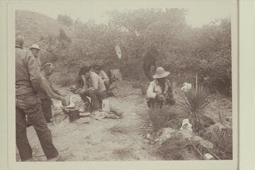 Camp in middle fork of 73.6.  Archeyes Masland; Dock Marston; Bill Belknap; Buster Ordiway; Dan Lehi; Tobe Owl; Buck Whitehat