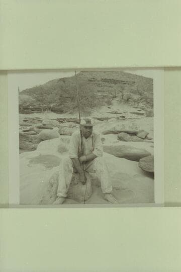 Les Gear holds the aerial while the attempt is made to get communication with the Rim.  Dock Marston; John Doerr; Doc [sic]  Hill; Russ Haverick.  Lower end of Unkar Rapid