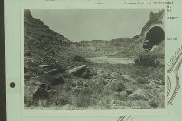 41.Station 8564 Down.  Brown-Stanton party.  Stanton surveyed his line along  left bank from Sta. 8524 to Sta. 8723 or from Mile 216 to Mile 212.2.  Caption errs.  Sta. 8524 would be Mile 215.95 but camera position is approx. Mile 215.2, caption for No.4