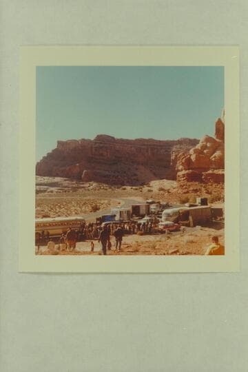 Disney motor equipment at entrance to Park Avenue in the Arches National Monument.  Stan Peck's lunch outfit is lower center
