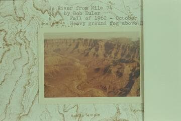 Upriver from Mile 74.  Heavy ground fog above Rim [on photo reverse:  Unkar (center foreground) looking upstream.  Note heavy ground fog on eastern rim.)]