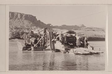 F. E. Masland, "Gin" Masland and Margaret Marston on the Chaffin Ferry at Hite when the Lincoln and Dodge Power Wagon crossed