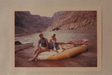 R. J. and Kandy Anspach in the small inflated unit which was used to accompany the Wright-Rigg party from Green River, Utah, to Lees Ferry
