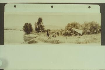 USGS party surveying the Green River.  At camp about 5 miles below Green River, Wyoming.  Note the dangerous breeches, high boots, and puttees