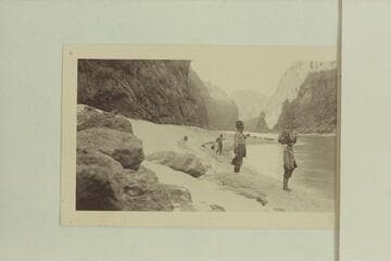 The Black Canyon Dam Site.  In middle distance is a diamond drill.  In foreground Arthur Powell Davis and R. C. Coldwell.  Print from Freeman collection