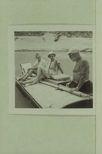 Dock Marston points out the good qualities of the work boat to Laura Bell and Fran Belknap; Separation Canyon