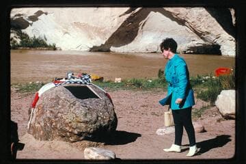 Patricia Iverson after unveiling of Powell plaque; Split Mountain