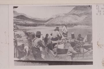 Loaded barge about to cross the river.  Copy of print in Waller collection