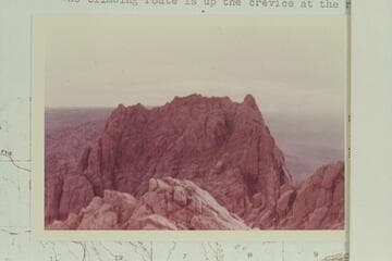 The South Echo Peak from the North Echo Peak.  The climbing route is up the crevice at the right