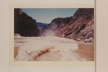 The wake of the "KIWI" as she tops out of 232 Mile Rapid at Mile 232.4.  The "WEE YELLOW", the "WEE RED" and the "DOCK" are in and below the rapid