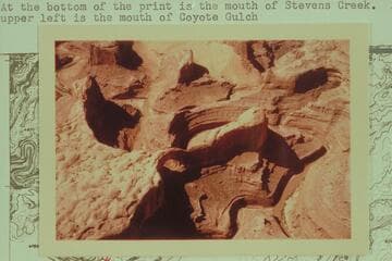 Stevens Canyon (Skyline) Arch.  At the bottom of the print is the mouth of Stevens Creek.  At upper left is the mouth of Coyote Gulch