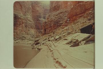 Boats at Dam site; lower Marble Canyon site.  Mile 39 1/2-40